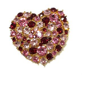 KENNETH JAY LANE, GOLD/CRYSTAL HEART PIN, CRYSTALS & RUBY & PINK CRYSTALS